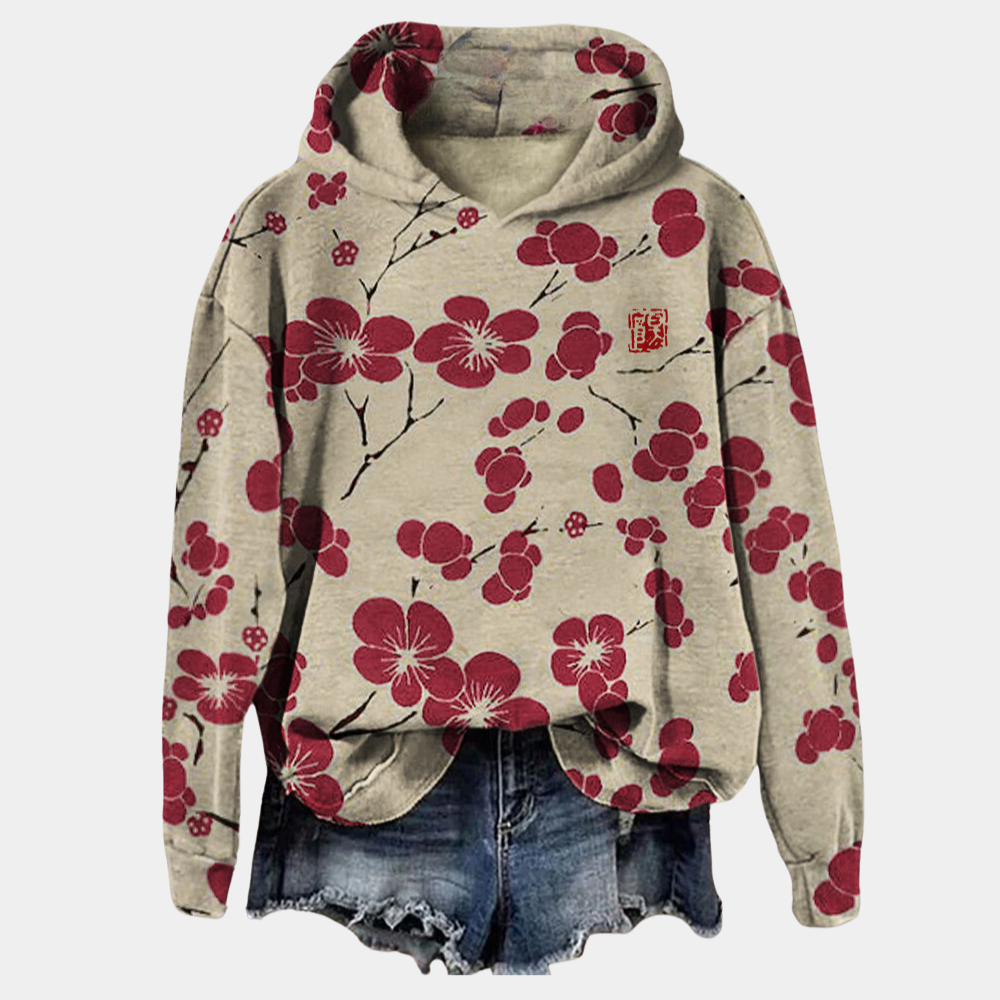 Sudadera Estampada de Flores sin Esfuerzo para Mujer con Capucha de Cordón, Manga Larga, Bajo Asimétrico Oversize y Estilo Relajado