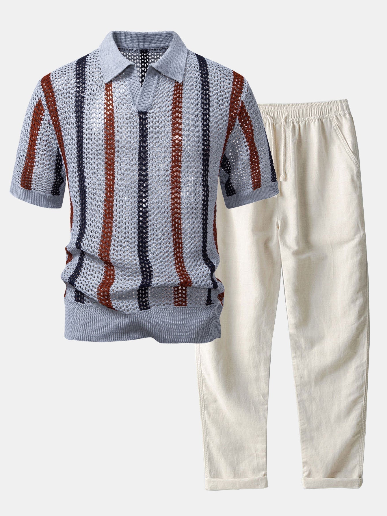 Conjunto Polo Crochet Rayas y Pantalón Recto de Lino