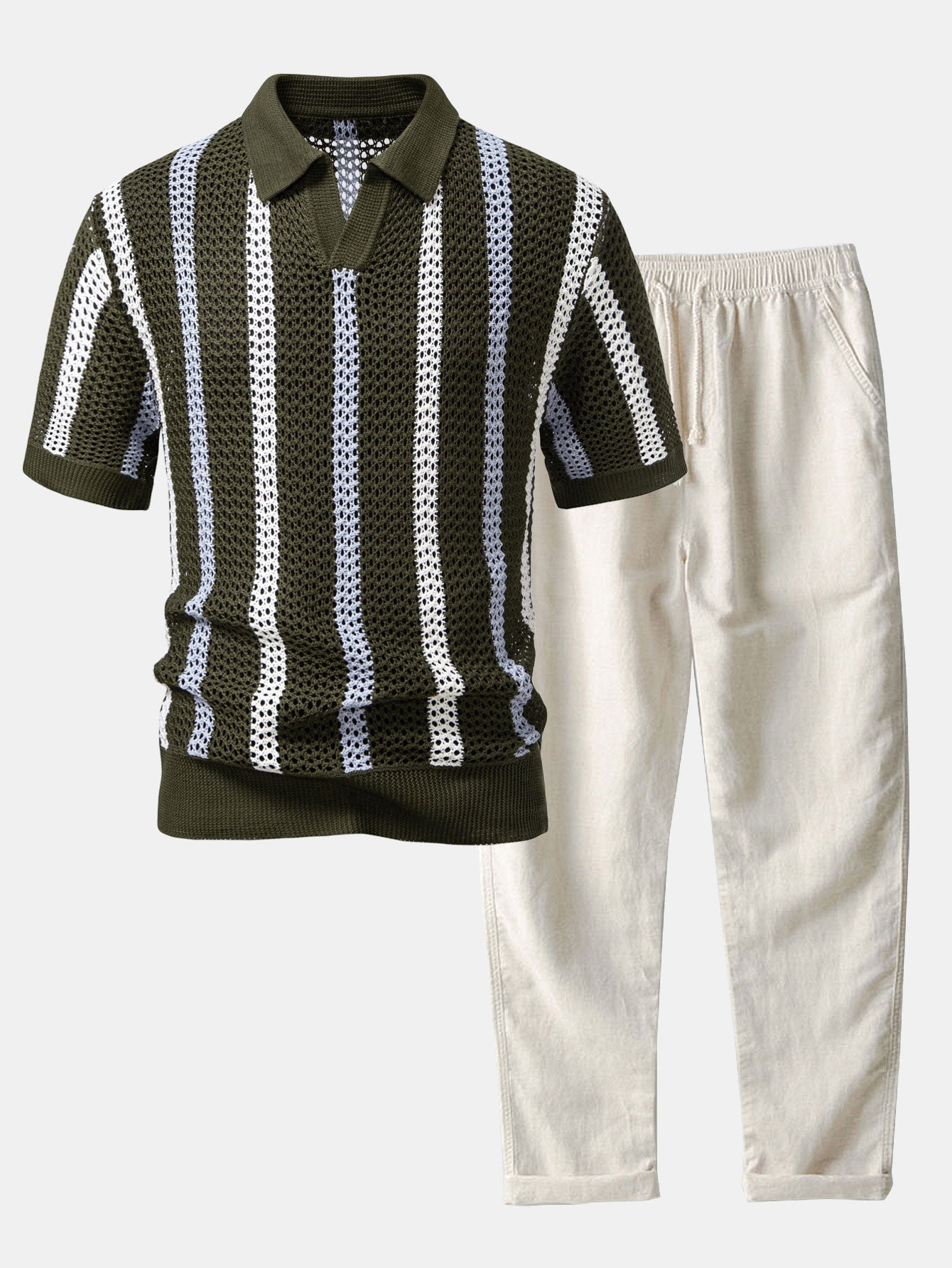 Conjunto Polo Crochet Rayas y Pantalón Recto de Lino