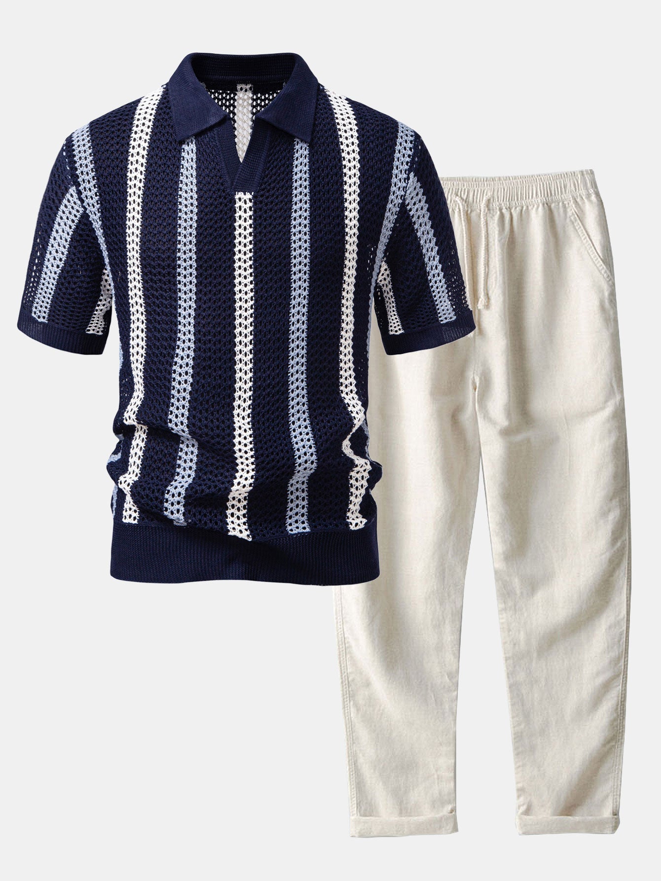 Conjunto Polo Crochet Rayas y Pantalón Recto de Lino