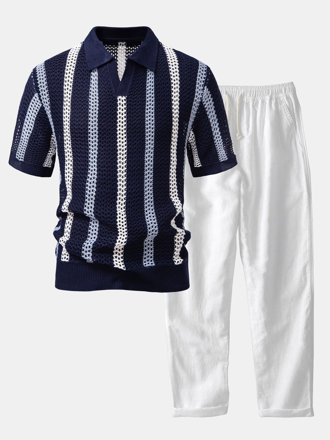 Conjunto Polo Crochet Rayas y Pantalón Recto de Lino