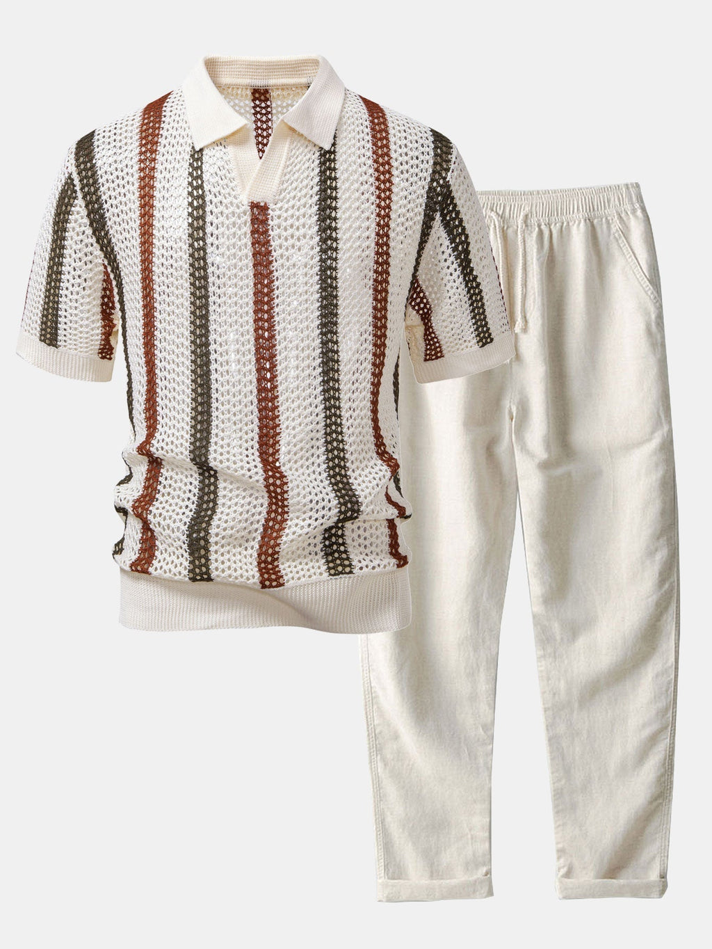 Conjunto Polo Crochet Rayas y Pantalón Recto de Lino