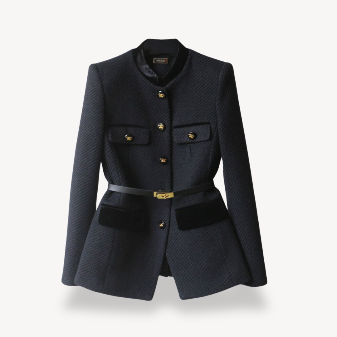 Blazer peplum elegante para mujer con manga larga, cinturón y cierre frontal de botones