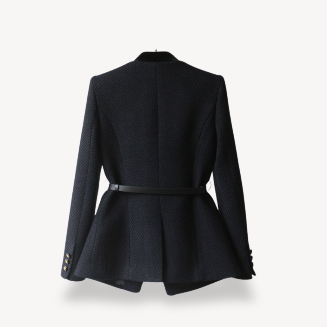 Blazer peplum elegante para mujer con manga larga, cinturón y cierre frontal de botones