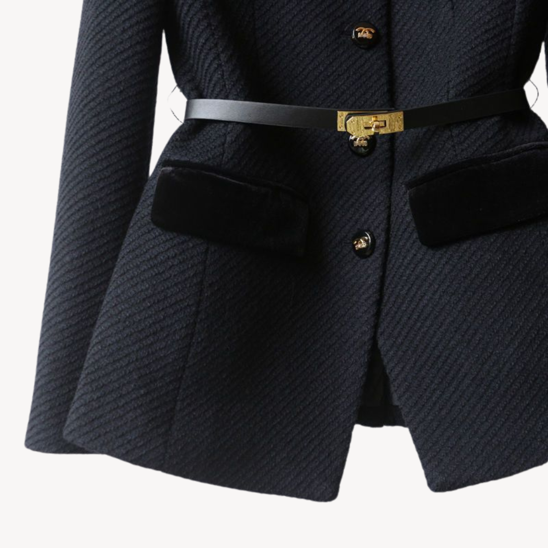 Blazer peplum elegante para mujer con manga larga, cinturón y cierre frontal de botones