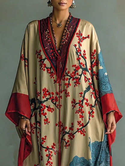 Vestido largo con estampado de flores de ciruelo japonés rojas y mangas murciélago