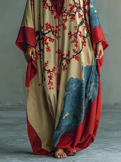 Vestido largo con estampado de flores de ciruelo japonés rojas y mangas murciélago