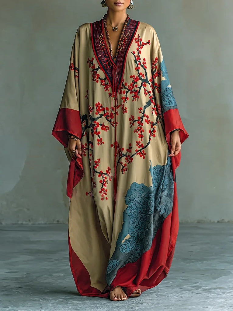 Vestido largo con estampado de flores de ciruelo japonés rojas y mangas murciélago