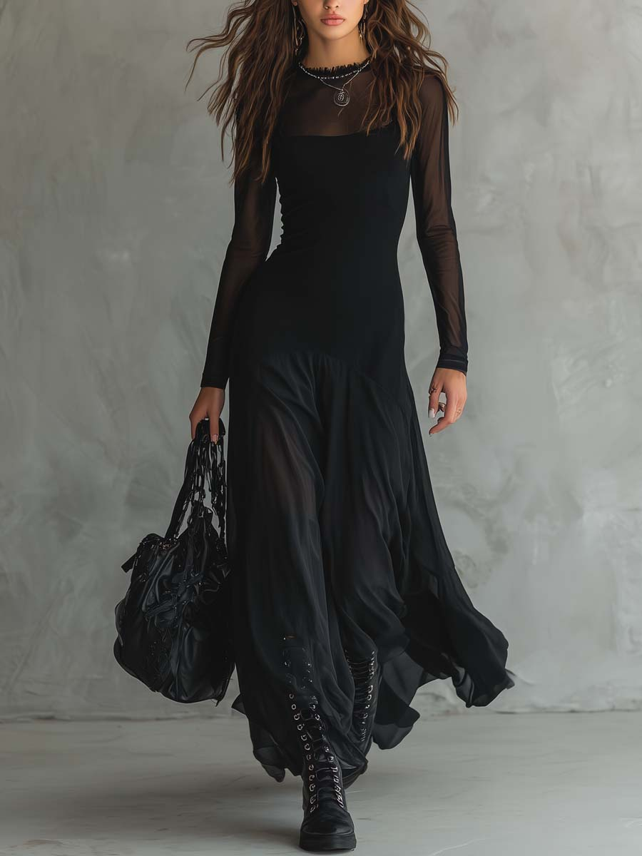 Vestido Maxi De Tul Negro Vintage Con Manga Transparente
