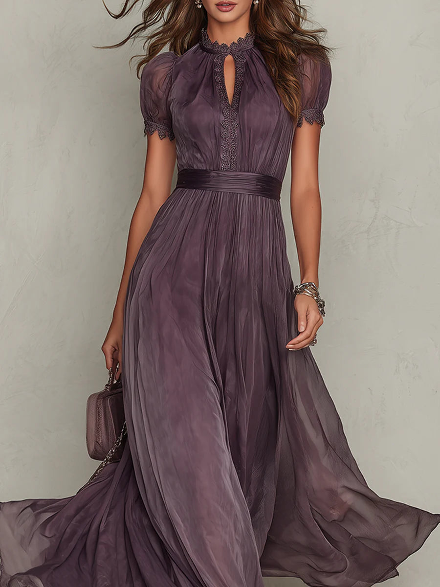 Vestido Largo De Chiffon Con Encaje Y Escote Lágrima