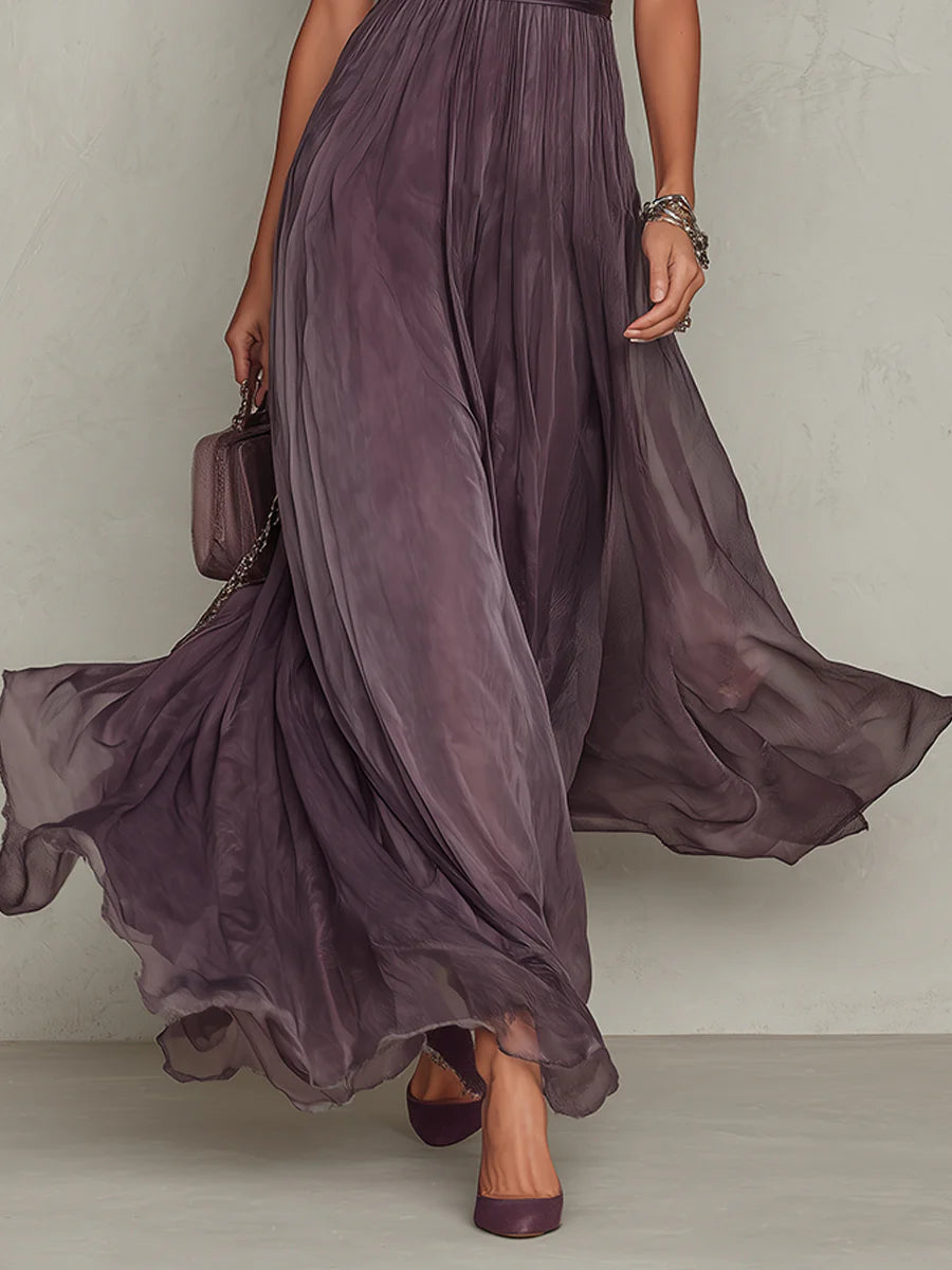 Vestido Largo De Chiffon Con Encaje Y Escote Lágrima