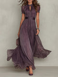 Vestido Largo De Chiffon Con Encaje Y Escote Lágrima