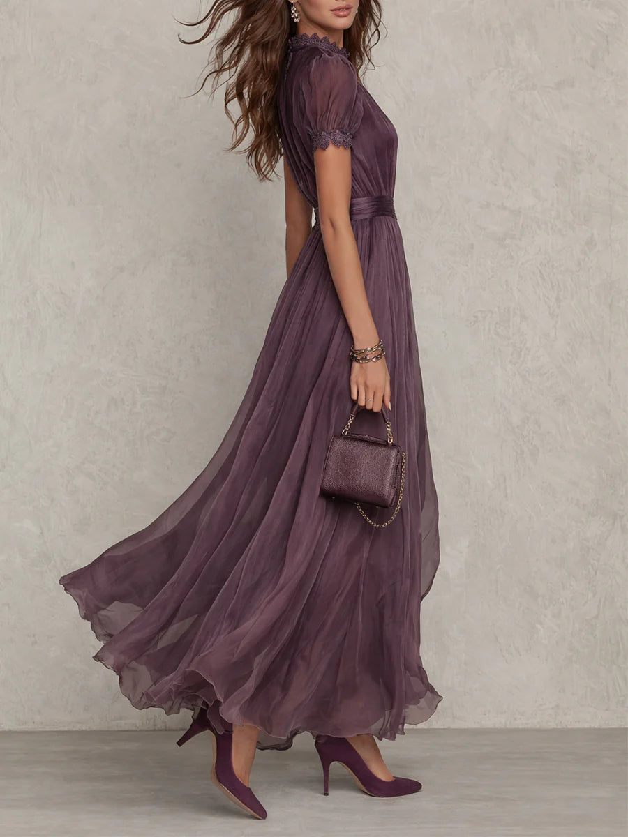 Vestido Largo De Chiffon Con Encaje Y Escote Lágrima