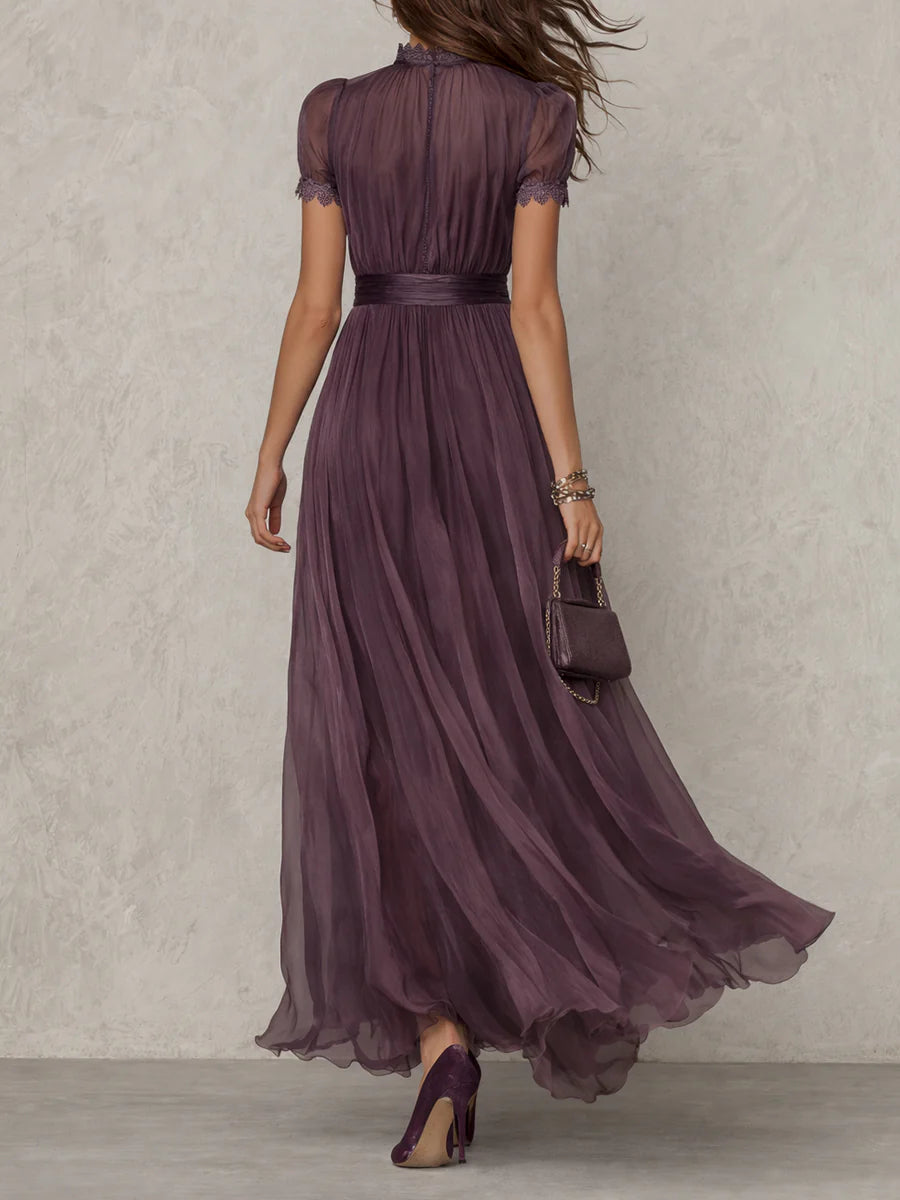 Vestido Largo De Chiffon Con Encaje Y Escote Lágrima