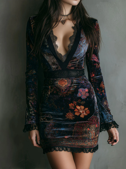 Vestido corto entallado de terciopelo con estampado floral, escote en V y ribete de encaje