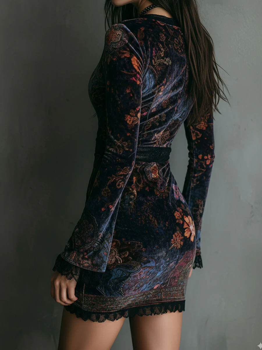 Vestido corto entallado de terciopelo con estampado floral, escote en V y ribete de encaje