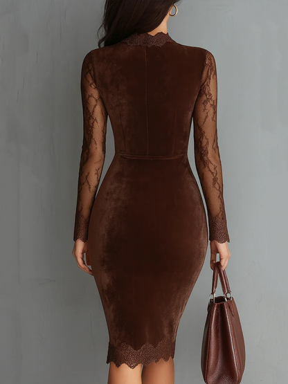 Vestido corto vintage de terciopelo marrón con escote gota y mangas de encaje
