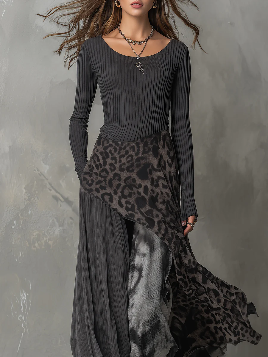 Vestido largo gris de rayas y leopardo combinado con bajo asimétrico