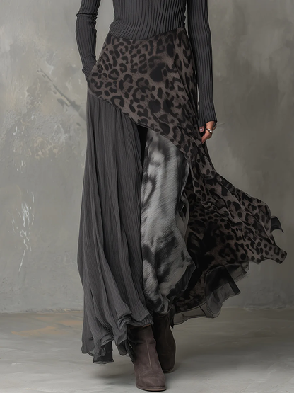 Vestido largo gris de rayas y leopardo combinado con bajo asimétrico