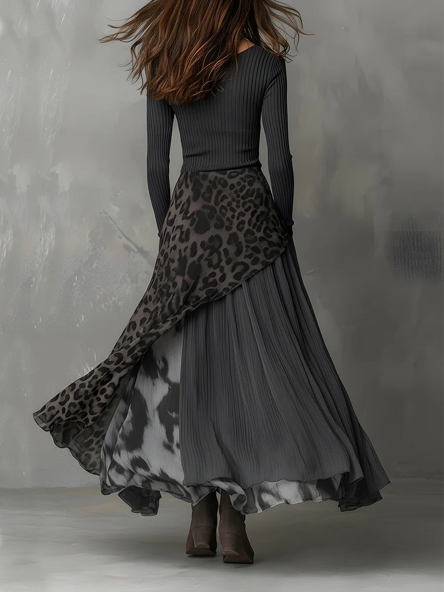 Vestido largo gris de rayas y leopardo combinado con bajo asimétrico