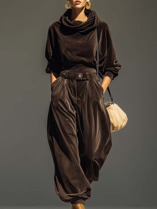 Conjunto vintage de sudadera con capucha y pantalón ancho de terciopelo marrón (incluye cinturón)