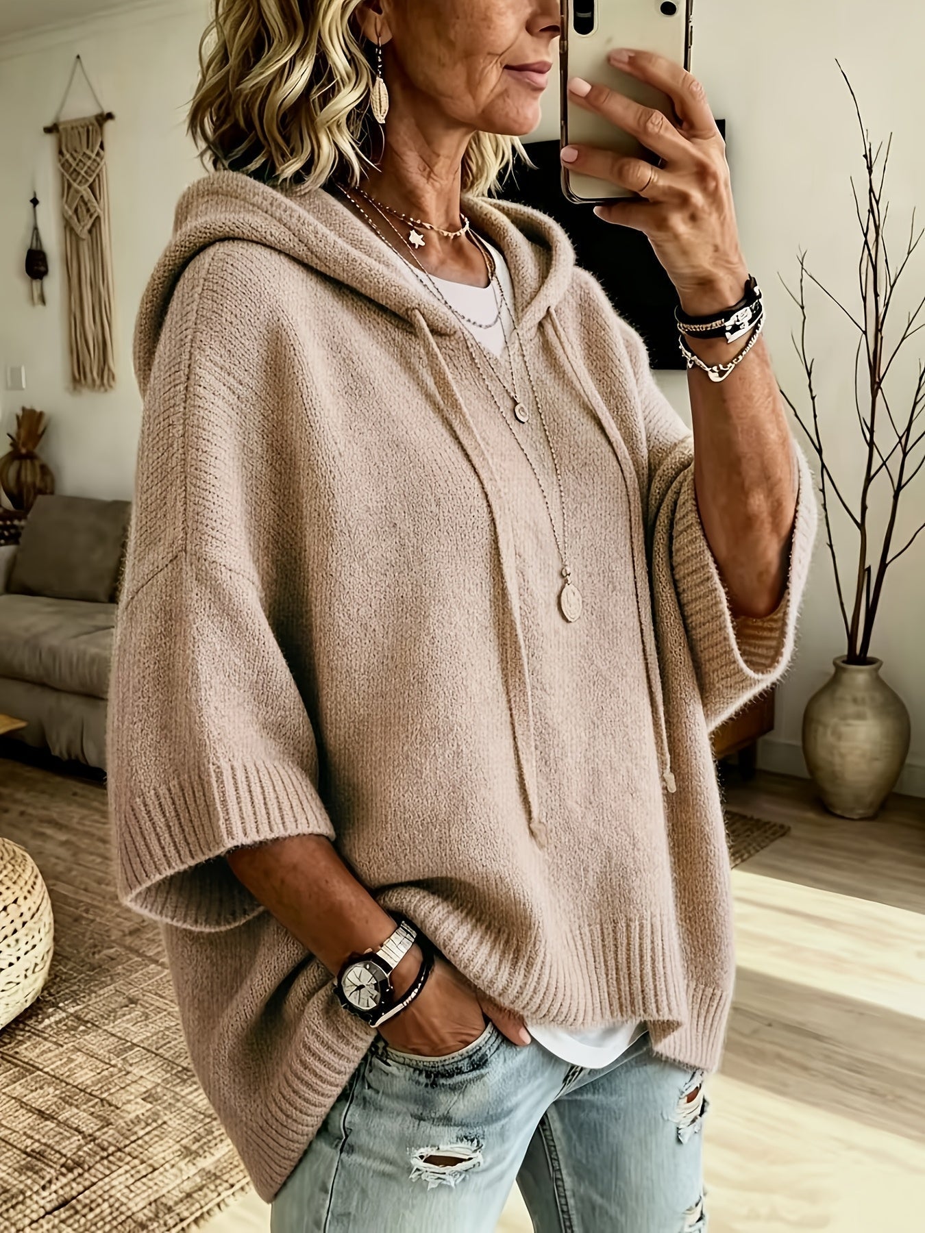 Sudadera de Punto Oversize Cómoda para Mujer con Cuello con Capucha, Media Manga Murciélago y Estilo Relajado