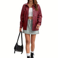 Verache / Chaqueta de cuero para mujer con botones delanteros, cuello camisero y corte oversize estilo sobrecamisa