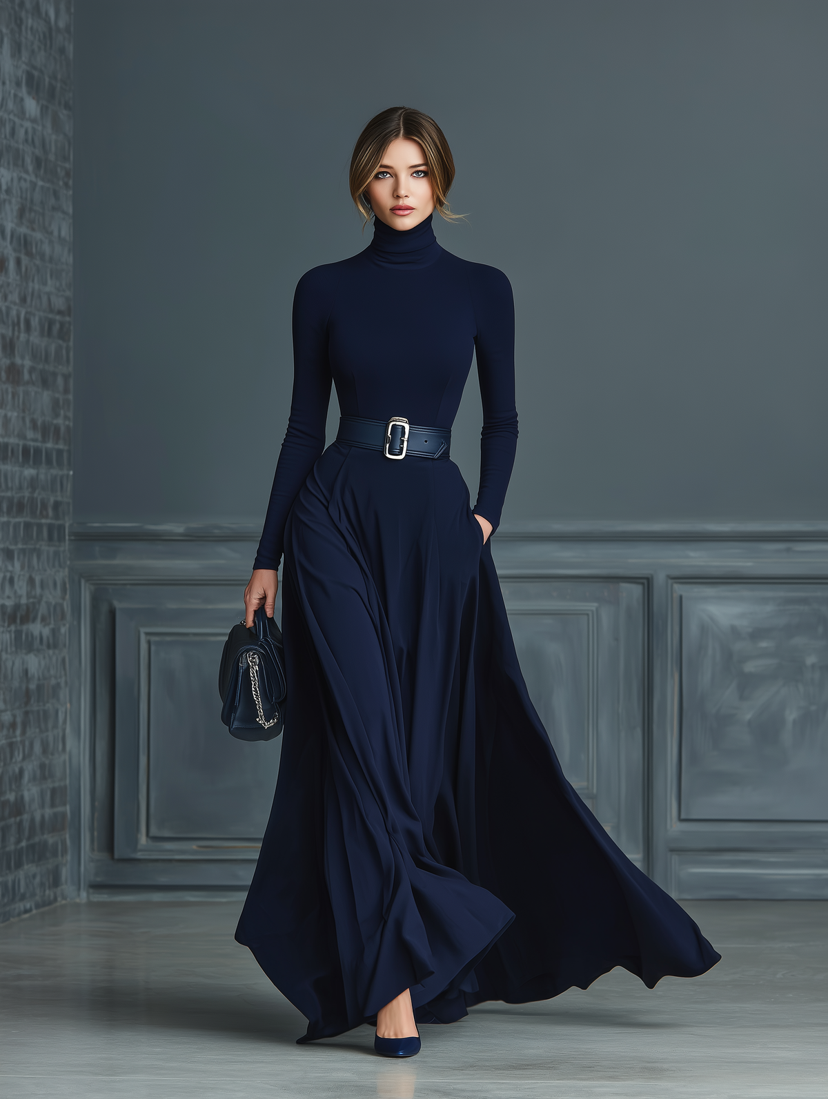 Vestido de Punto Azul Oscuro con Cuello Alto para Mujer