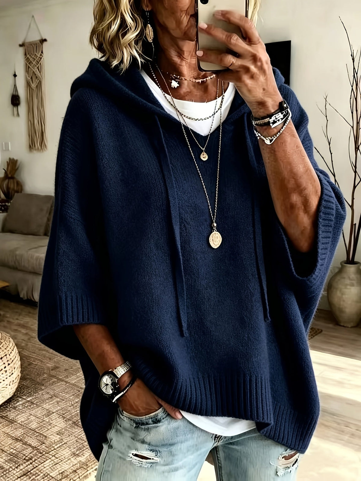 Sudadera de Punto Oversize Cómoda para Mujer con Cuello con Capucha, Media Manga Murciélago y Estilo Relajado
