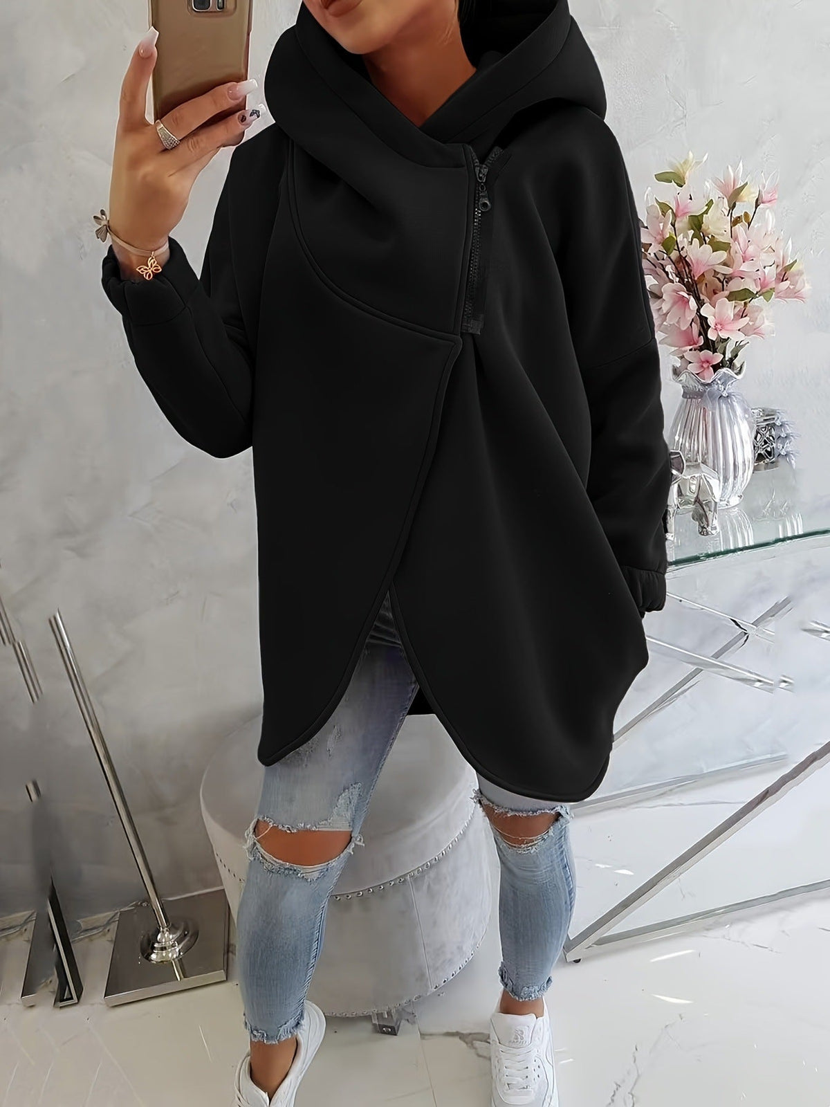 Sudadera de Forro Polar sin Esfuerzo para Mujer con Cuello Drapeado, Manga Larga, Bajo Asimétrico Tulipán y Estilo Relajado