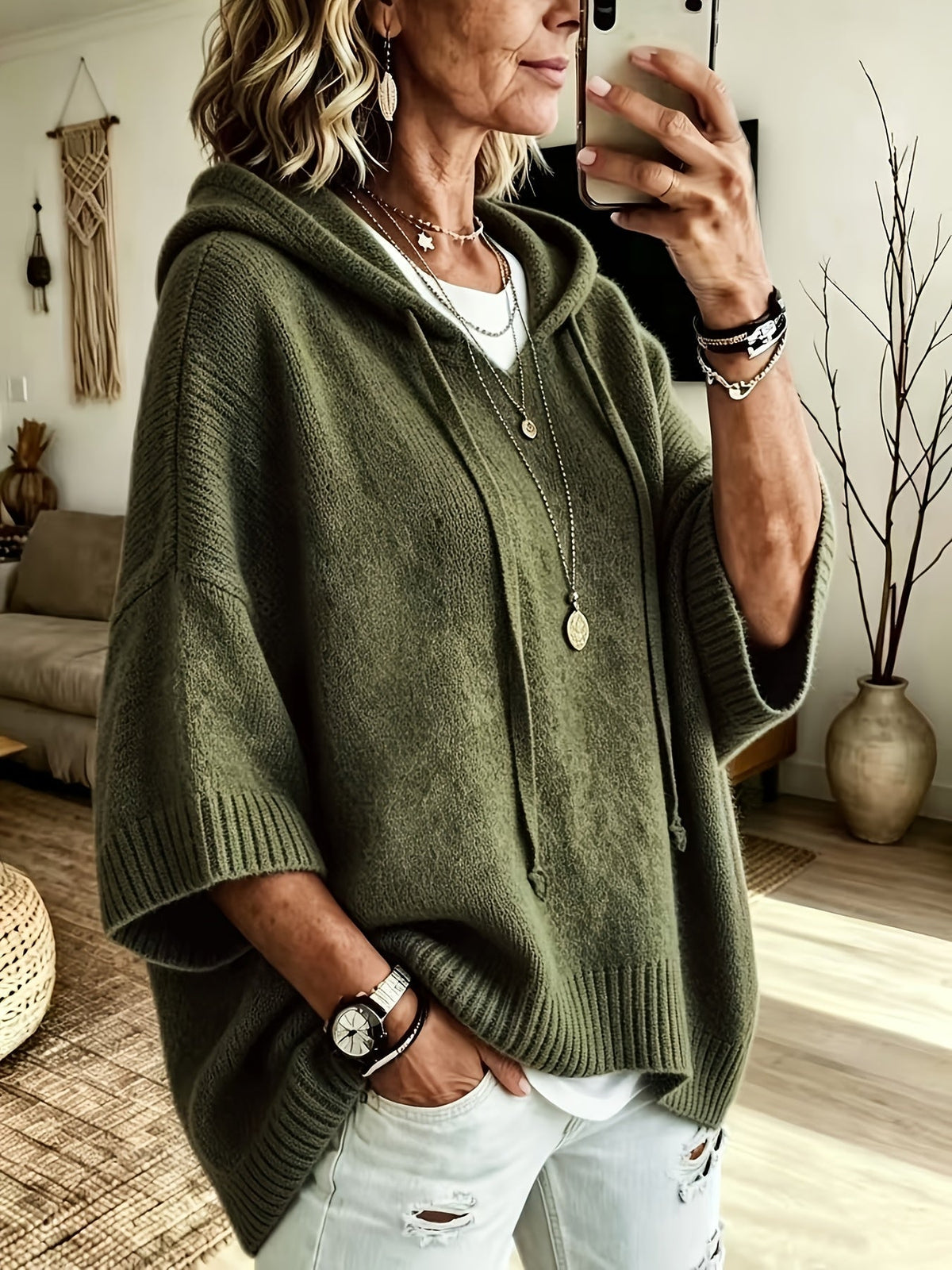 Sudadera de Punto Oversize Cómoda para Mujer con Cuello con Capucha, Media Manga Murciélago y Estilo Relajado