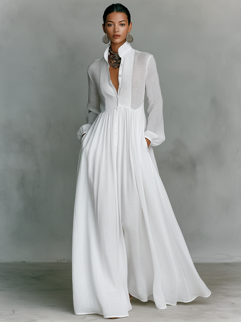 Vestido Maxi De Algodón Y Lino Con Cuello Alzado