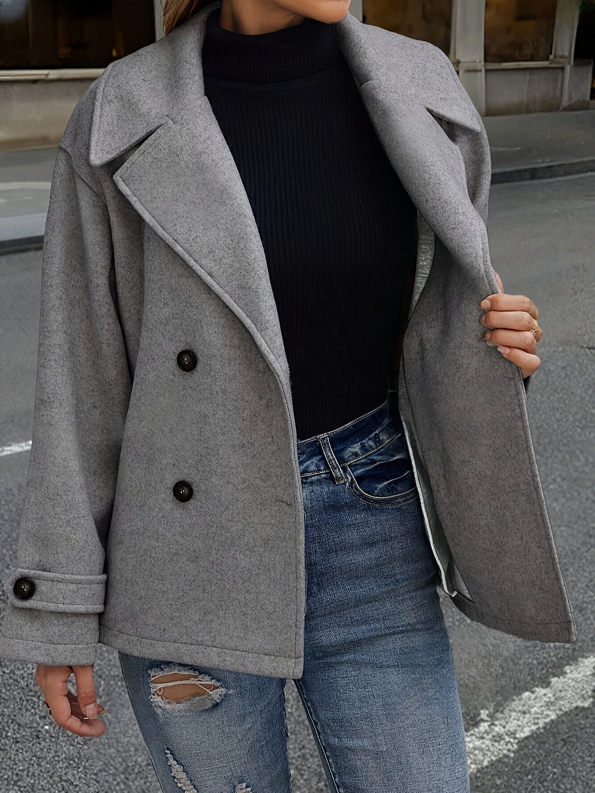 Martina / Elegante abrigo de lana gris oscuro para mujer con solapas de muesca, manga larga, cierre cruzado de doble botonadura y corte oversize