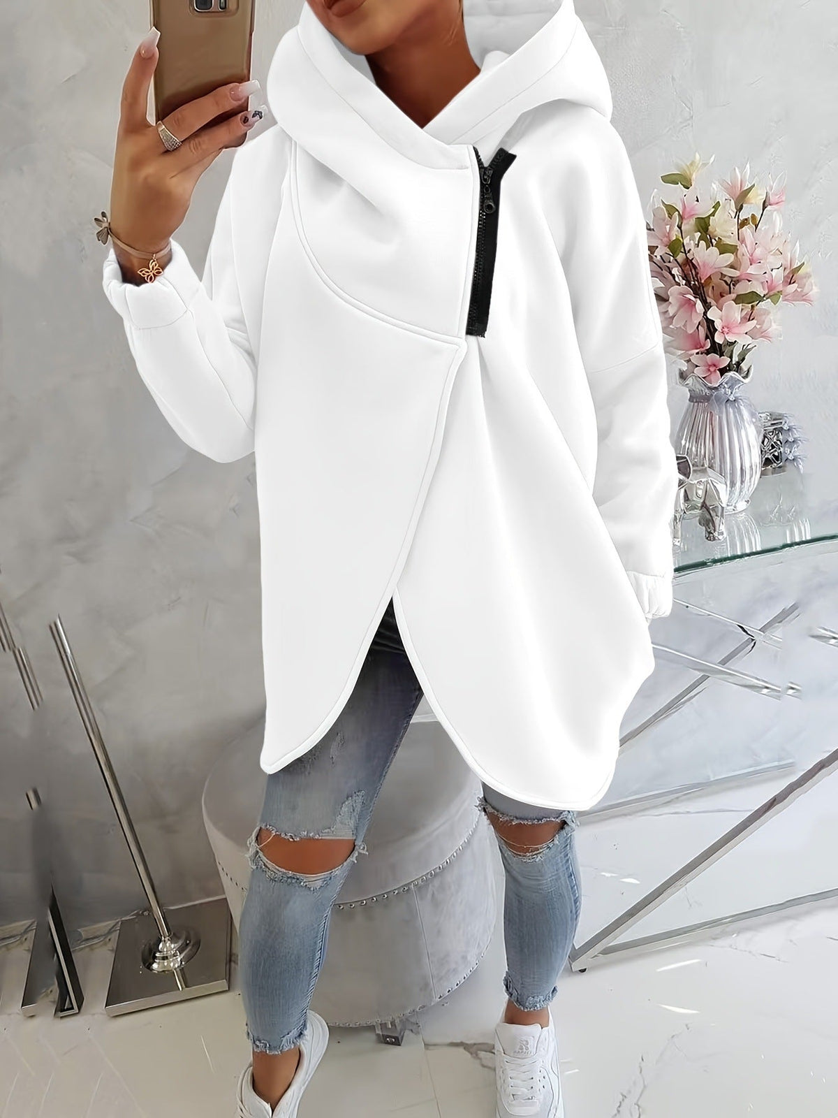 Sudadera de Forro Polar sin Esfuerzo para Mujer con Cuello Drapeado, Manga Larga, Bajo Asimétrico Tulipán y Estilo Relajado