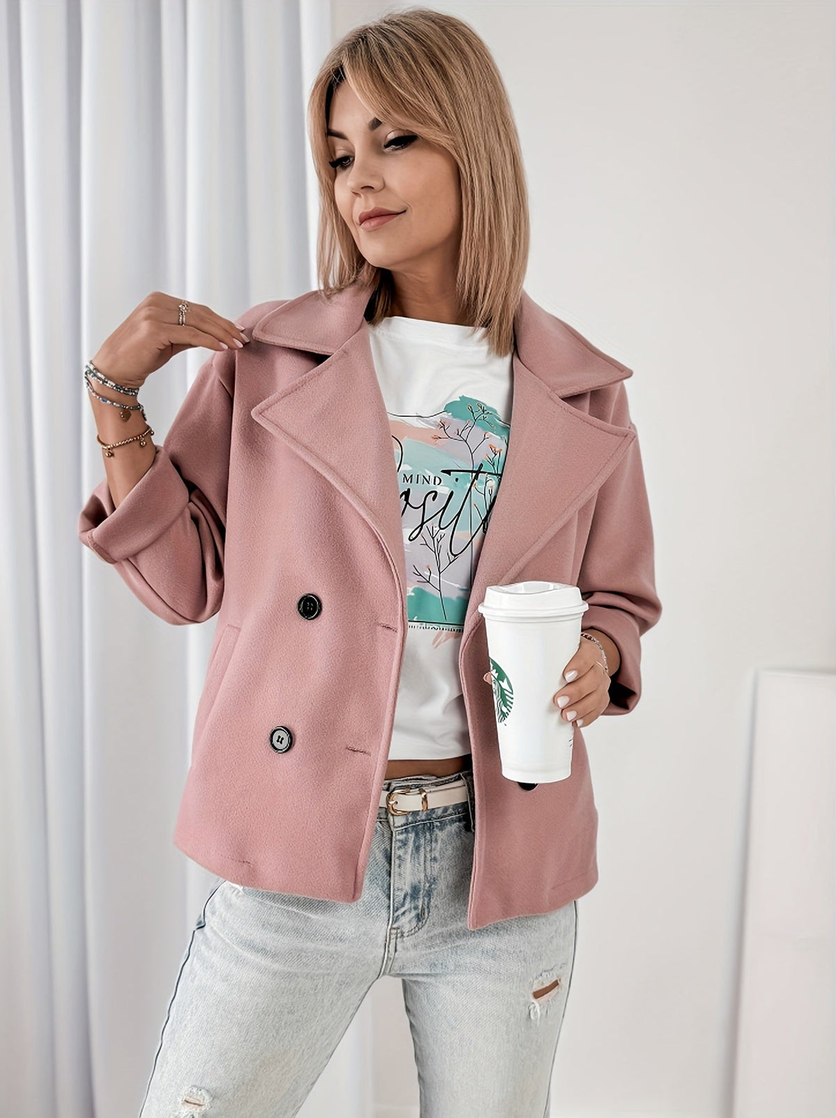Rouse / Abrigo corto rosa para mujer con solapas de muesca, manga larga, cierre cruzado de doble botonadura y estilo casual