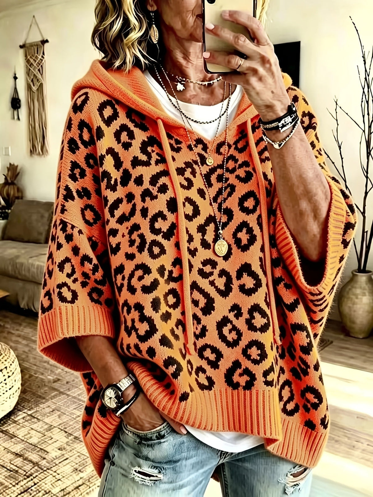 Sudadera Oversize Estampada de Leopardo Cómoda para Mujer con Cuello con Capucha, Manga Murciélago y Estilo de Punto con Cordón