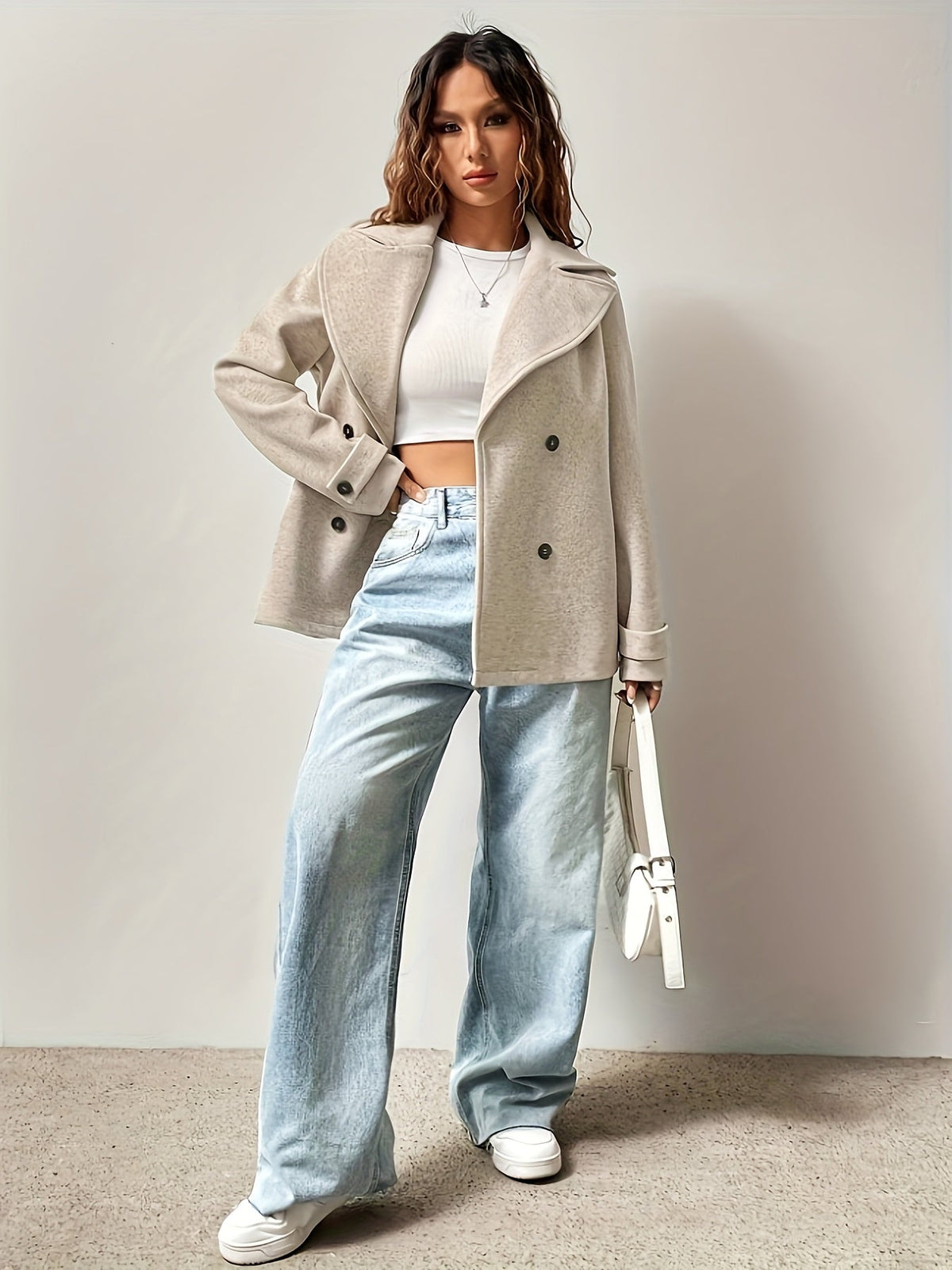 Marile / Elegante abrigo beige para mujer con solapas de muesca, manga larga, cierre cruzado de doble botonadura y corte oversize
