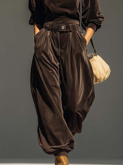 Conjunto vintage de sudadera con capucha y pantalón ancho de terciopelo marrón (incluye cinturón)