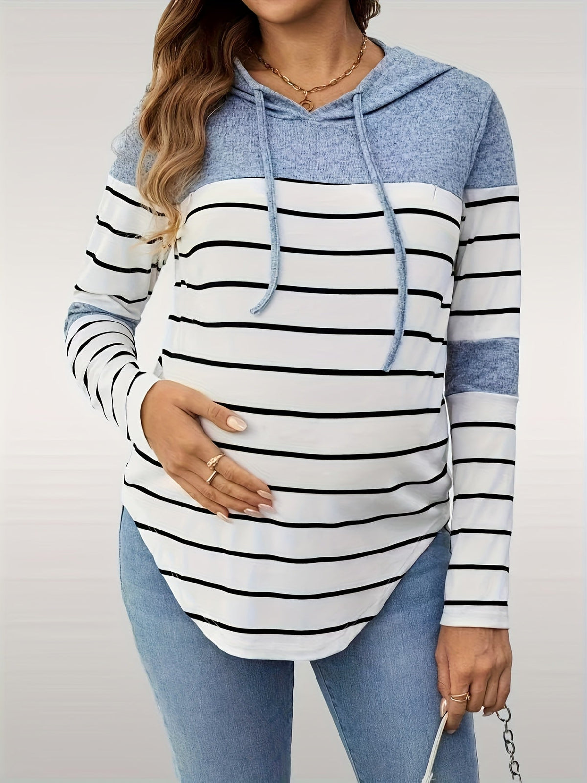 Sudadera Premamá de Rayas Cómoda para Mujer con Capucha de Cordón, Manga Larga, Bajo Curvo y Estilo Informal