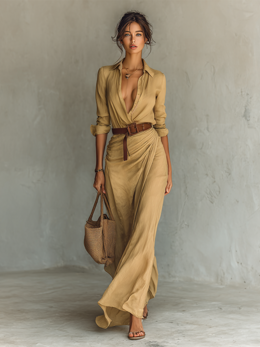 Vestido Maxi Elegante con Cuello y Cinturón Mujer