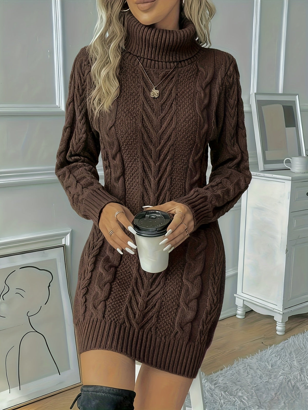 Vestido Jersey de Punto Trenzado Cómodo para Mujer con Cuello Alto, Manga Larga y Estilo Bodycon Mini