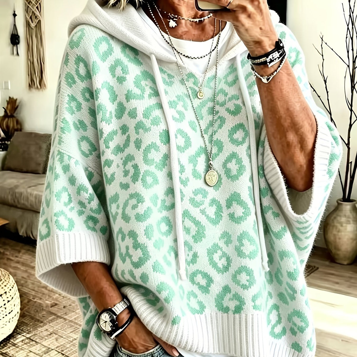 Sudadera Oversize Estampada de Leopardo Cómoda para Mujer con Cuello con Capucha, Manga Murciélago y Estilo de Punto con Cordón