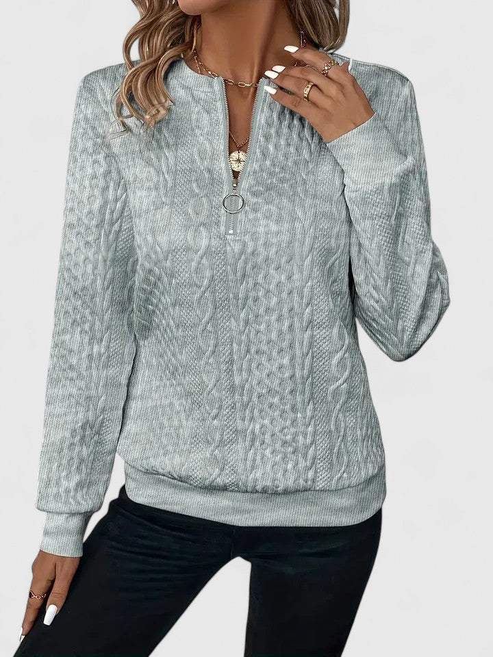 Jersey de Punto Trenzado Cómodo para Mujer con Cuello Redondo, Media Cremallera, Manga Larga y Estilo Relajado