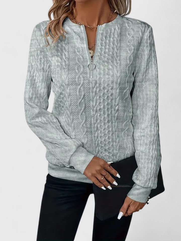 Jersey de Punto Trenzado Cómodo para Mujer con Cuello Redondo, Media Cremallera, Manga Larga y Estilo Relajado