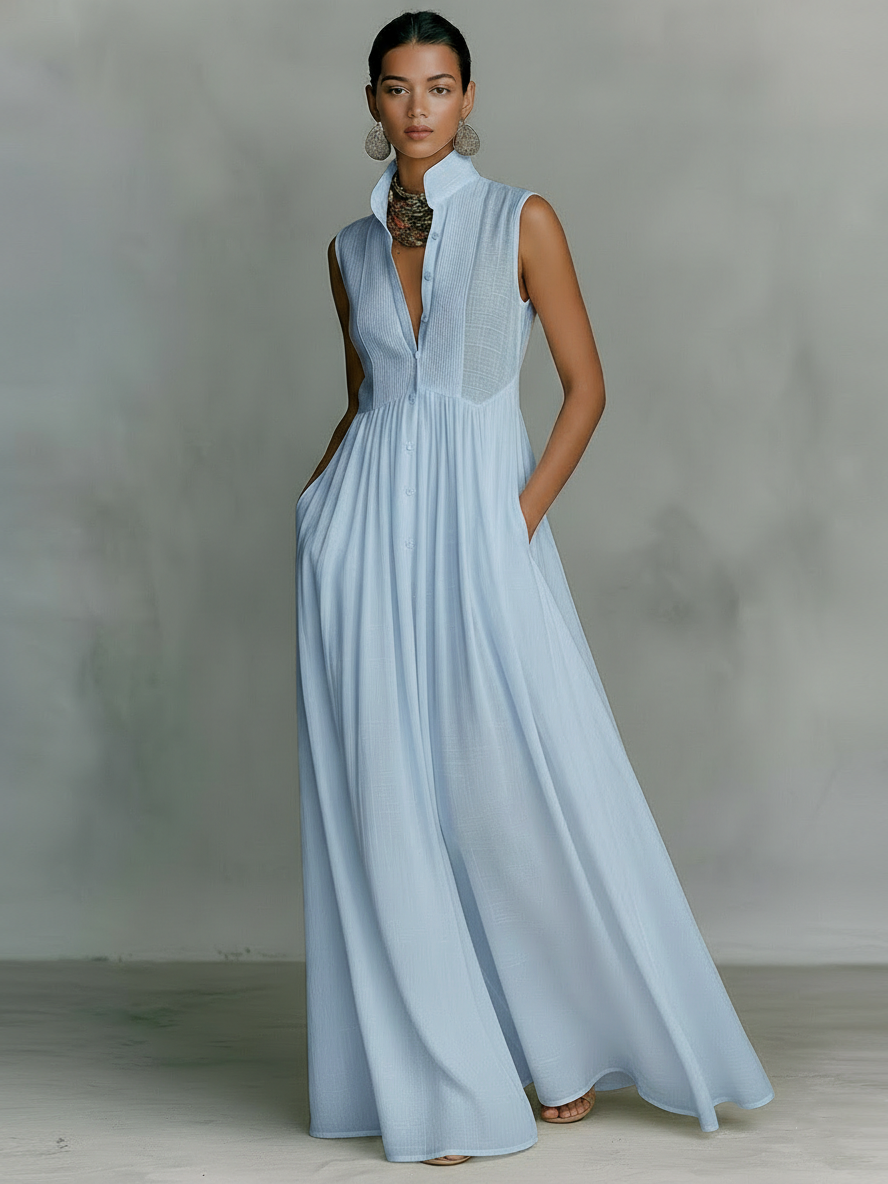 Vestido Maxi sin Mangas de Mezcla de Algodón y Lino Minimalista para Mujer