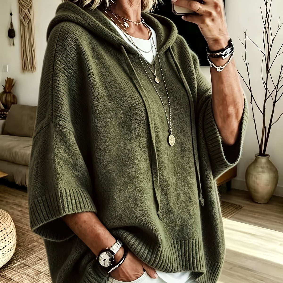 Sudadera de Punto Oversize Cómoda para Mujer con Cuello con Capucha, Media Manga Murciélago y Estilo Relajado