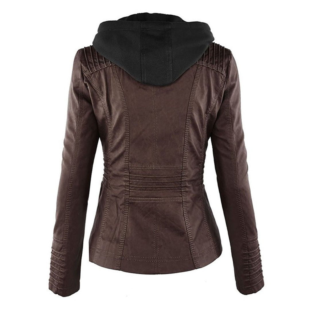 Esther/ Elegante chaqueta de cuero marrón para mujer con capucha, manga larga y estilo motero acolchado.