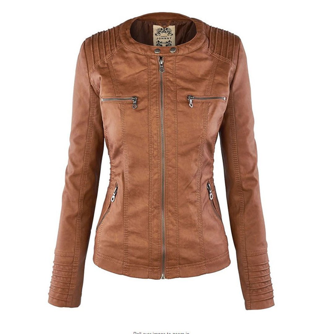 Esther/ Elegante chaqueta de cuero marrón para mujer con capucha, manga larga y estilo motero acolchado.