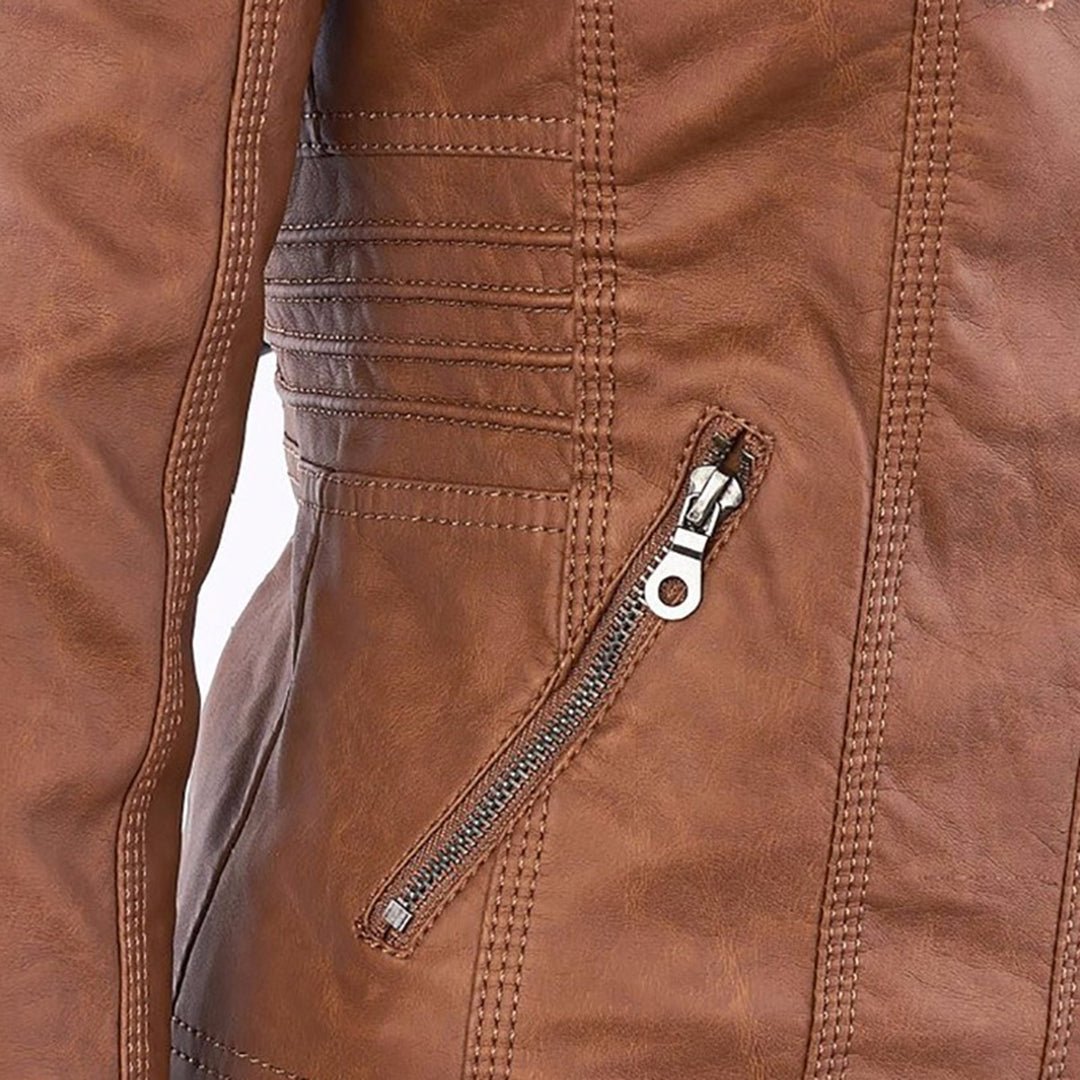 Esther/ Elegante chaqueta de cuero marrón para mujer con capucha, manga larga y estilo motero acolchado.