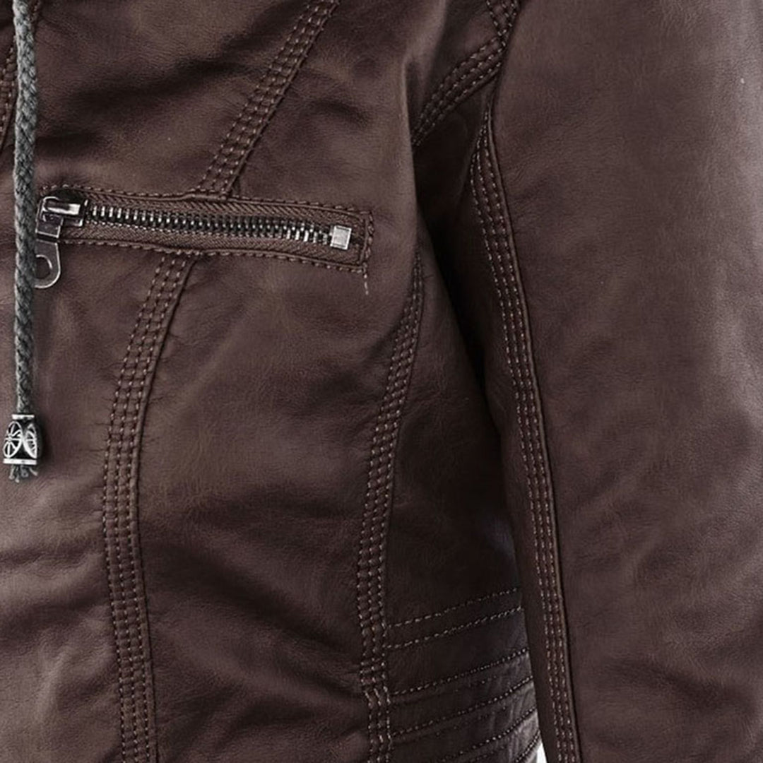 Esther/ Elegante chaqueta de cuero marrón para mujer con capucha, manga larga y estilo motero acolchado.